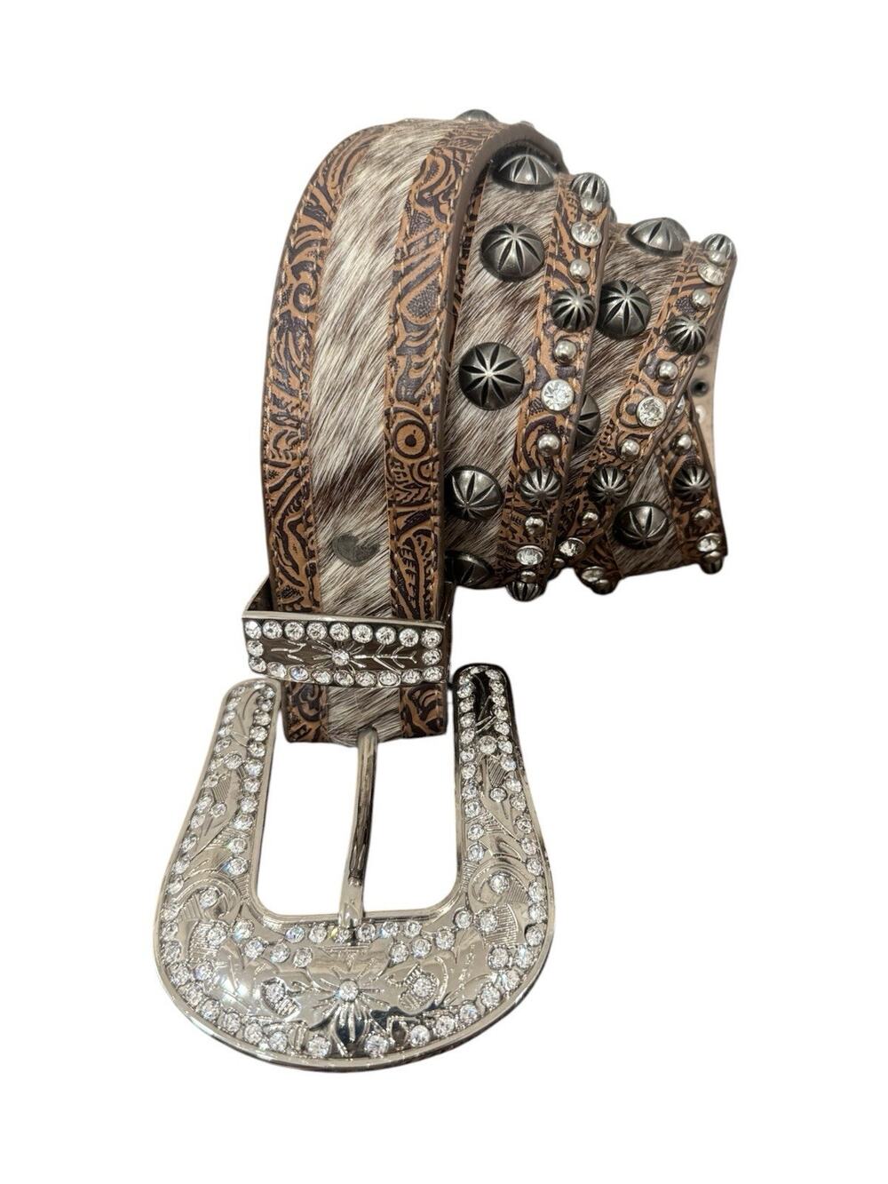 Angel Ranch Blue Roan Hair On Hide Studded Western Belt Rhinestone Buckle